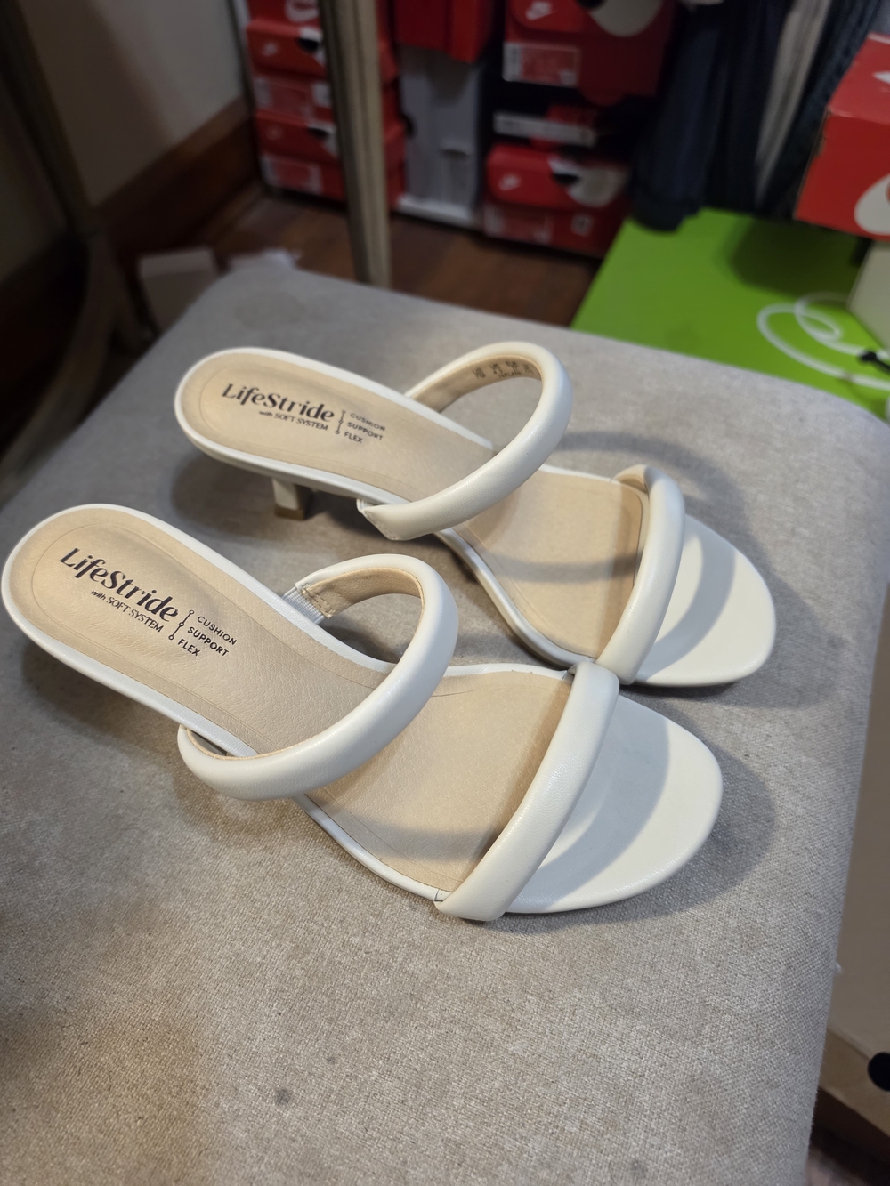 Life Stride White Double-Strap Mid Heel Mules